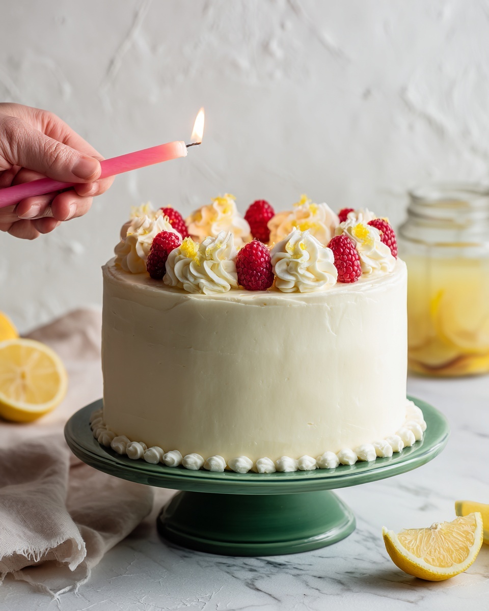 A tall, round cake covered smoothly in white frosting sits on a pale green cake stand. The cake has a small row of piped white frosting beads around the base. On top, there are two clusters of white whipped cream topped with bright red raspberries and small yellow lemon pieces. A woman's hand is lighting a thin pink candle placed near the center of the cake. The cake is on a white marbled surface, with a lemon half and a few loose raspberries nearby. The background is a white textured wall. photo taken with an iphone --ar 4:5 --v 7