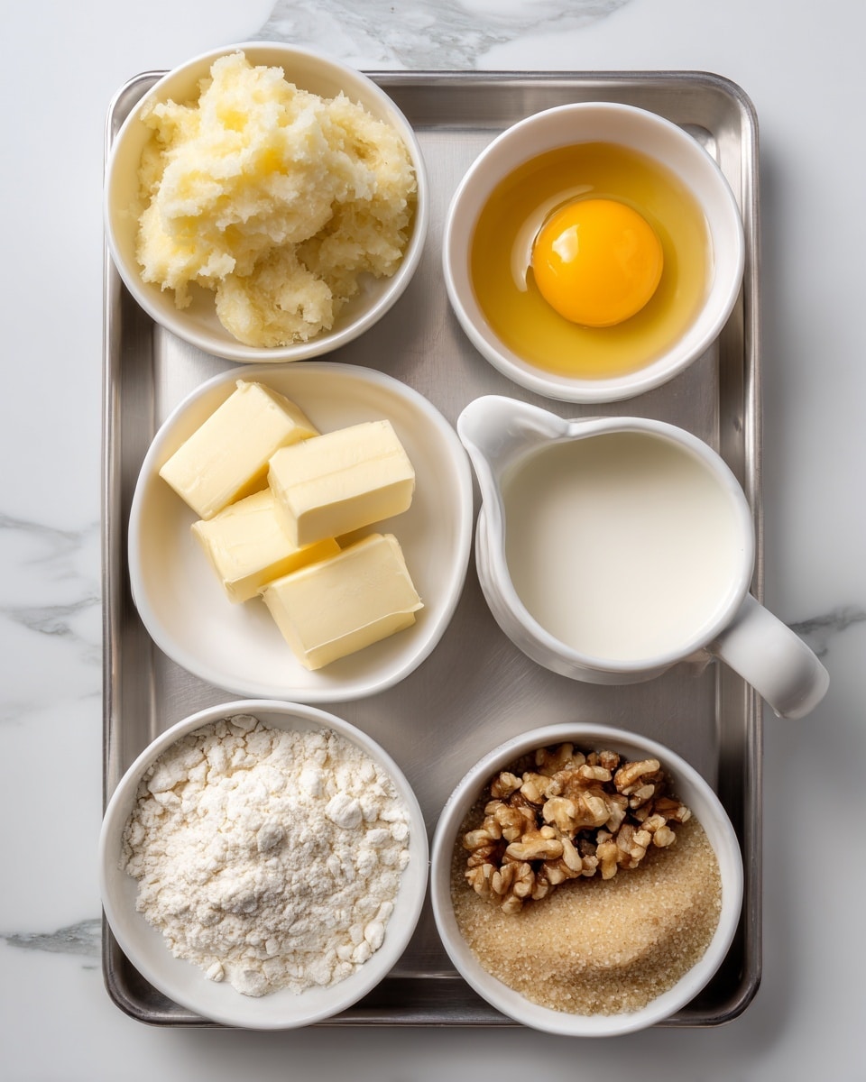 A metal tray holds six small round white bowls arranged in two rows. The top left bowl contains mashed banana pieces that look soft and yellowish-beige. To the right, a bowl holds a bright yellow egg yolk with a small splash of dark vanilla extract. Below the banana is a bowl with white milk, smooth and glossy. To its right, a bowl contains creamy yellow butter pieces, cut into rectangular shapes. Below the egg yolk and butter, the bottom right bowl is filled with light brown sugar with a grainy texture. The last bowl at bottom left contains a light mix of flour, baking powder, salt, and pieces of walnuts, which are brown and rough. The tray sits on a white marbled surface. photo taken with an iphone --ar 4:5 --v 7