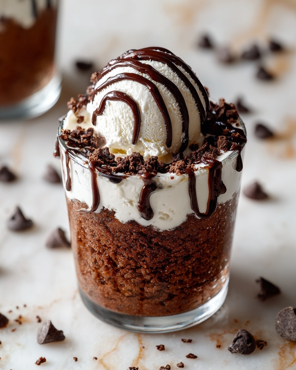 A close-up top view of a dessert in a clear glass cup with two layers: the bottom layer is a dark brown, soft chocolate cake with a slightly rough texture, and the top layer is a smooth, white scoop of vanilla ice cream placed on the right side of the cake; both layers are drizzled with thin lines of shiny melted chocolate sauce, and the cup sits on a white marbled surface with some scattered dark chocolate chips around it, photo taken with an iphone --ar 4:5 --v 7