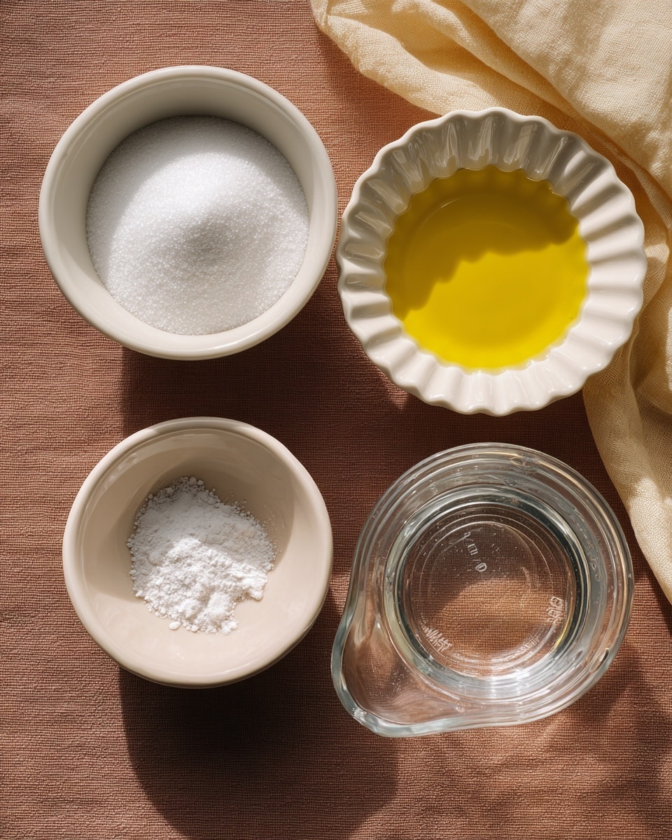 The image shows five containers with different ingredients placed on a white marbled surface. At the top right, there is a white bowl with scalloped edges filled with a clear yellow liquid. Below it, another white scalloped bowl holds a clear, colorless liquid. To the left side, a plain white bowl is filled with fine white sugar. Below that, a small white bowl contains a small amount of white powder, likely baking powder or salt. To the right of the small bowl, there is a clear measuring cup with some clear liquid inside. A beige cloth is partially visible in the top right corner. Photo taken with an iphone --ar 4:5 --v 7