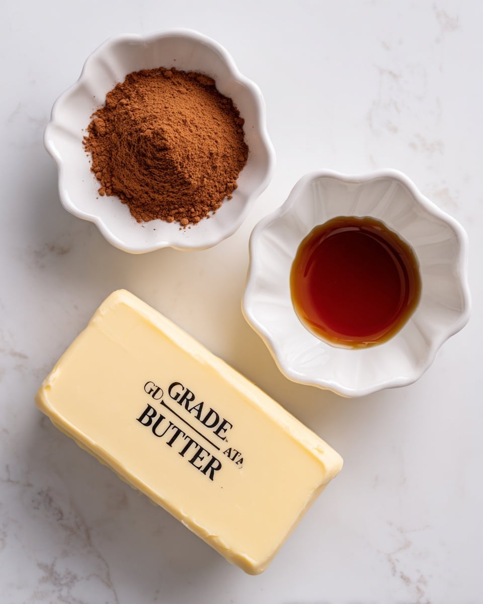 The image shows three ingredients arranged on a white marbled surface: a small white bowl at the top left filled with brown ground cinnamon powder, a scalloped white bowl at the top right containing dark amber-colored maple syrup, and a rectangular block of pale yellow Grade AA butter placed horizontally near the bottom center. The textures contrast well with the smooth, solid butter, the fine powder, and the liquid syrup. photo taken with an iphone --ar 4:5 --v 7