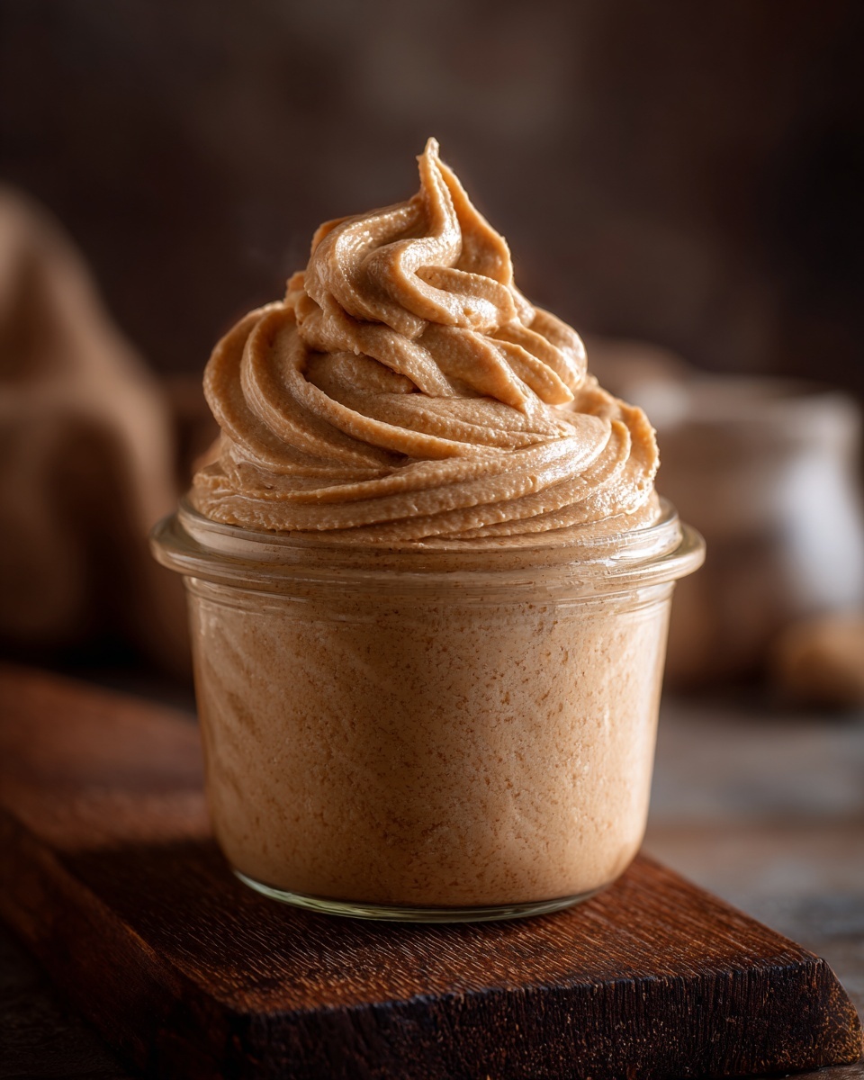 A clear glass jar filled with thick, creamy beige spread that rises above the jar's rim in soft peaks with a slightly textured surface. The jar sits on a dark wooden board, with blurred light brown and orange items in the background. The spread looks smooth and whipped, showing swirls and small air pockets. The setting is warm with soft lighting and a white marbled texture under the wooden board. photo taken with an iphone --ar 4:5 --v 7