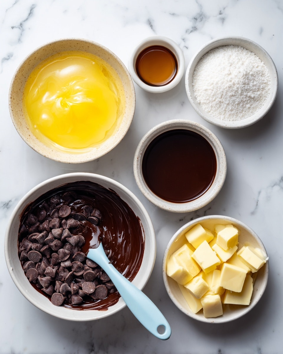 The image shows five small bowls arranged on a white marbled surface. In the bottom left, there is a silver mixing bowl filled with melted, smooth semi-sweet chocolate chips, with a blue silicone spatula resting inside, partially covered in chocolate. Above this bowl to the left is a clear glass bowl holding pale yellow egg whites. To the right of the glass bowl is a small white bowl with a dark brown liquid of vanilla and instant coffee. Below that is a white bowl filled with white granulated sugar, and to the right of the sugar is another white bowl filled with small cubes of pale yellow butter. All bowls are clean and simple, with textures ranging from smooth chocolate to finely granulated sugar and soft butter cubes. The overall look is neat and organized. Photo taken with an iphone --ar 4:5 --v 7