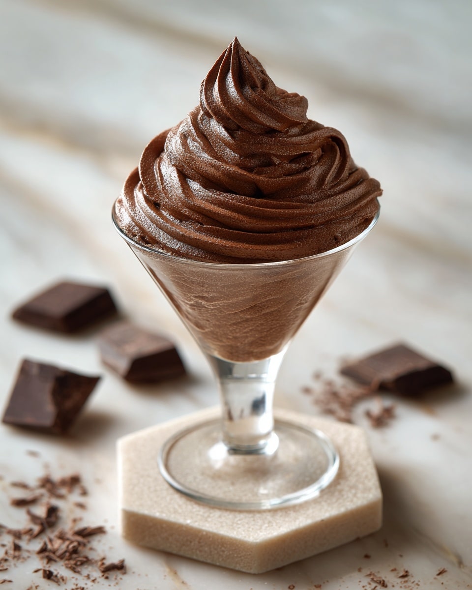 A clear glass cup filled with one thick, smooth layer of dark brown chocolate mousse swirled into a neat spiral shape with soft peaks, sitting on a white marbled surface with a hexagonal stone coaster underneath. The background is blurred with scattered pieces of chocolate and soft, neutral tones. photo taken with an iphone --ar 4:5 --v 7