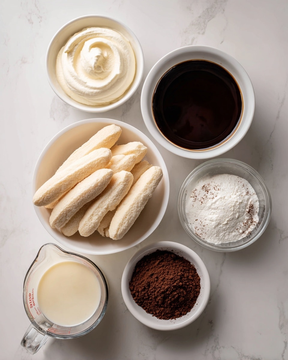 The image shows six separate white bowls and a glass measuring cup arranged on a white marbled surface. One bowl has creamy white mascarpone with a smooth texture, another contains dark espresso shots with a shiny surface. A third bowl holds light brown ladyfinger biscuits, standing upright and showing a rough texture. There is also a small cup filled with pale yellow sweetened condensed milk, and another small bowl filled with dark brown cocoa powder with a dusty appearance. The glass measuring cup is filled with thick, pale cream. All items are neatly placed without overlapping. Photo taken with an iphone --ar 4:5 --v 7