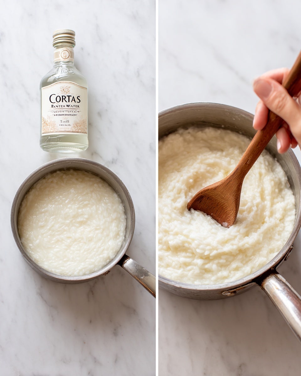 The left image shows a shiny silver pot filled with a thick, white creamy rice-like mixture on a white marbled surface, with a woman's hand holding a clear glass bottle labeled