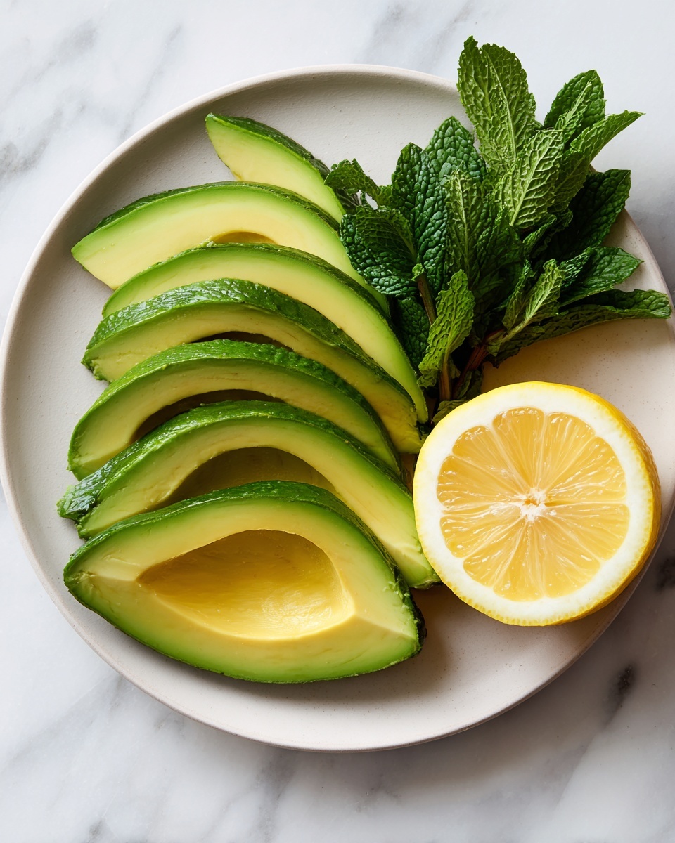 A round white plate with seven avocado halves placed close together, showing pale green creamy flesh with some having small brown spots, arranged in a slightly overlapping manner. A yellow lemon half is placed in front of the avocados, its juicy interior visible with soft segments. On the right side of the plate, there is a small bunch of fresh green mint leaves with clear leaf veins and a slightly wrinkled texture. The plate sits on a white marbled surface. Photo taken with an iphone --ar 4:5 --v 7