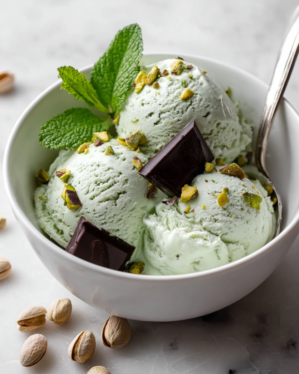 Three pale green scoops of creamy pistachio ice cream with small crushed pistachio nuts sprinkled on top sit inside a white bowl. Two dark chocolate pieces and fresh bright green mint leaves are placed beside the scoops, adding contrast. A silver spoon rests inside the bowl on the right side. The background is a white marbled texture with some pistachio nuts scattered nearby. Photo taken with an iphone --ar 4:5 --v 7