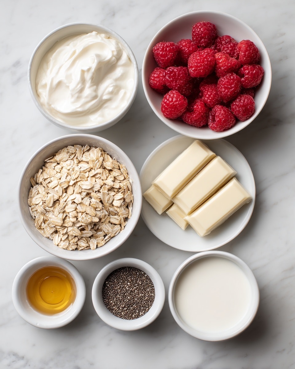 The image shows seven small white bowls and one piece of white chocolate placed on a white marbled surface. The top center bowl holds thick, creamy white Greek yogurt with a smooth texture and some small lumps. Below and to the left is a bowl filled with light brown old fashioned oats, showing their flat, flaky texture. To the right of the oats is a bowl full of dark chia seeds with a shiny, smooth surface. At the bottom left, a small bowl contains golden honey with a glossy, liquid texture. Next to the honey is a bowl filled with white milk, showing a smooth and liquid surface. A piece of white chocolate with two rectangular segments is placed on the right side. Above the chocolate is a bowl filled with bright red raspberries, each berry showing a bumpy texture and rich color. The items are spaced out evenly on the white marbled background. Photo taken with an iphone --ar 4:5 --v 7
