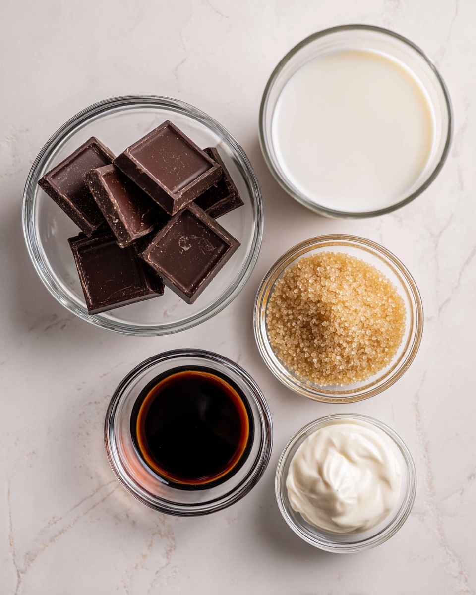 Five clear glass bowls and a glass are arranged on a white marbled surface. The first bowl contains several square pieces of dark brown chocolate, placed on the left side. Above and to the right is a tall clear glass filled with white milk. Below the glass and slightly to the left is a small bowl with dark brown liquid, likely vanilla extract. Below the chocolate bowl, there is a small bowl with golden brown sugar crystals, and next to it on the right is another small bowl filled with a white creamy substance. The arrangement is simple and neatly spaced. Photo taken with an iphone --ar 4:5 --v 7