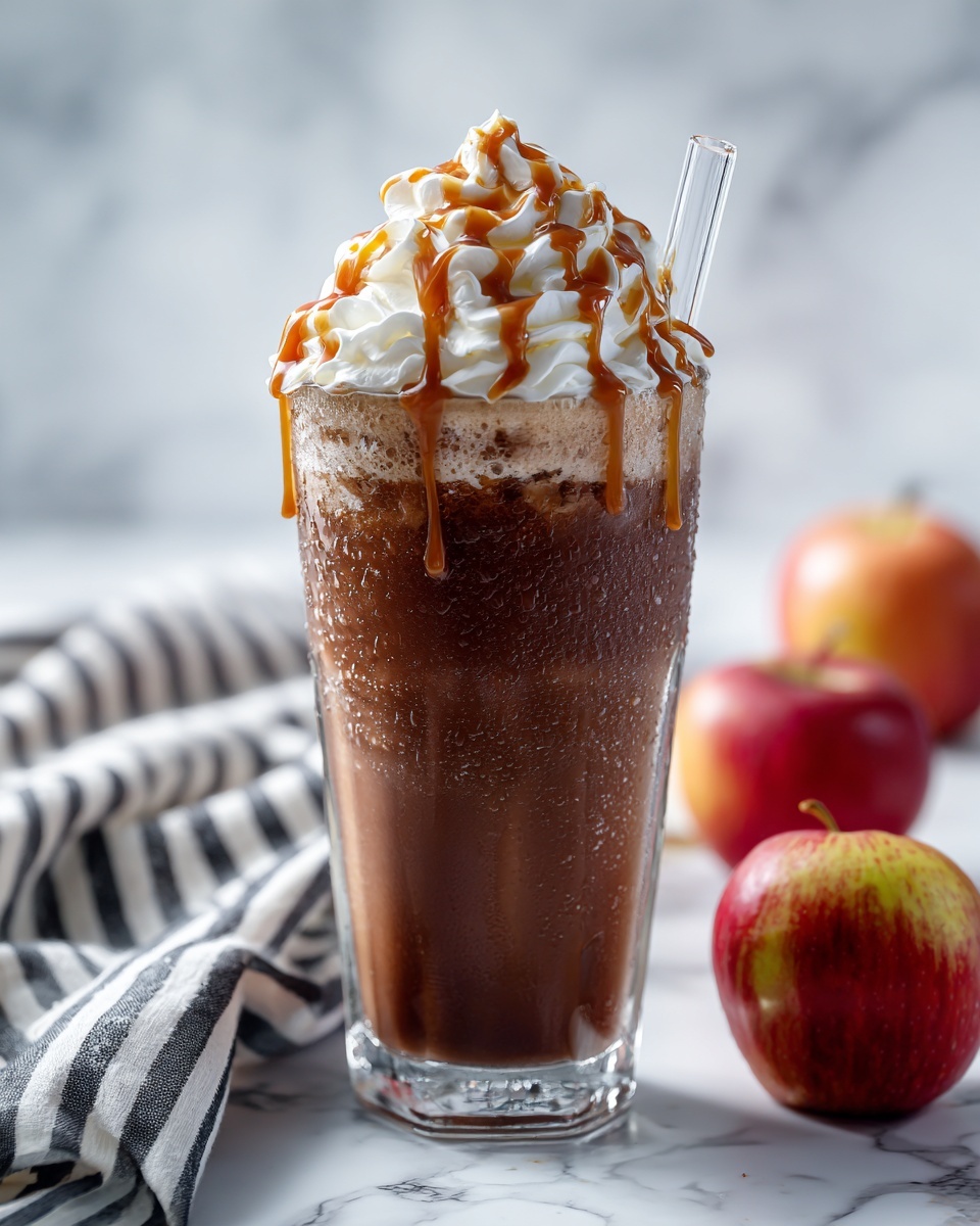A tall clear glass is filled nearly to the top with smooth dark brown iced coffee, covered with a thick layer of whipped cream that forms soft peaks spilling over the rim. Drizzled golden caramel sauce runs down the whipped cream and drips slightly over the side of the glass. A clear glass straw is placed inside the drink on the right side. The glass sits on a white marbled surface next to a black and white striped cloth, with two red apples with yellow spots resting beside it in the background. The lighting is bright and natural, highlighting the texture and condensation on the glass. Photo taken with an iphone --ar 4:5 --v 7