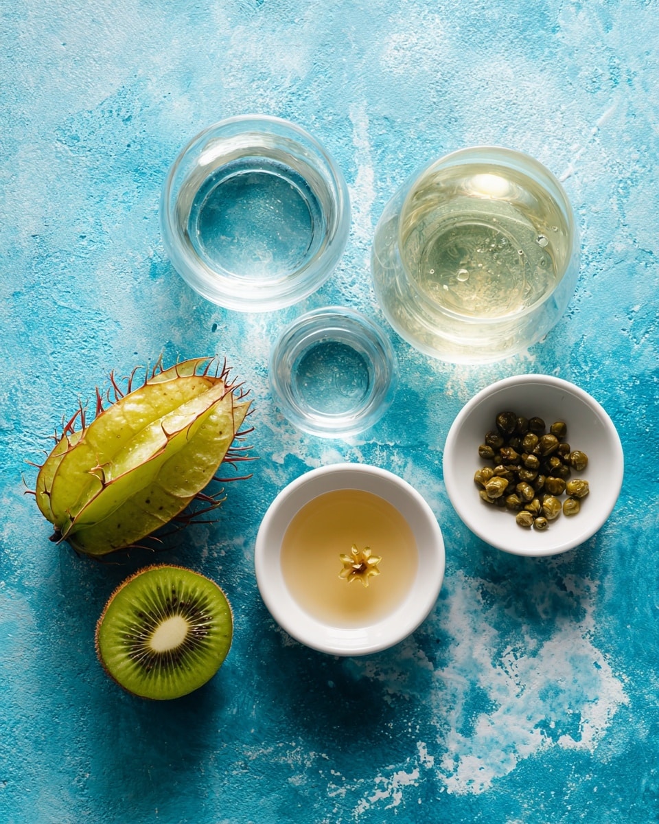 The image shows raw ingredients arranged on a blue textured surface replaced with a white marbled texture: a whole starfruit on the left, a whole kiwi next to it in the center, two small white bowls on the right one containing small green seeds and the other honey-colored liquid, and two clear glasses behind them, one filled with clear water and the other with a light yellow liquid. photo taken with an iphone --ar 4:5 --v 7