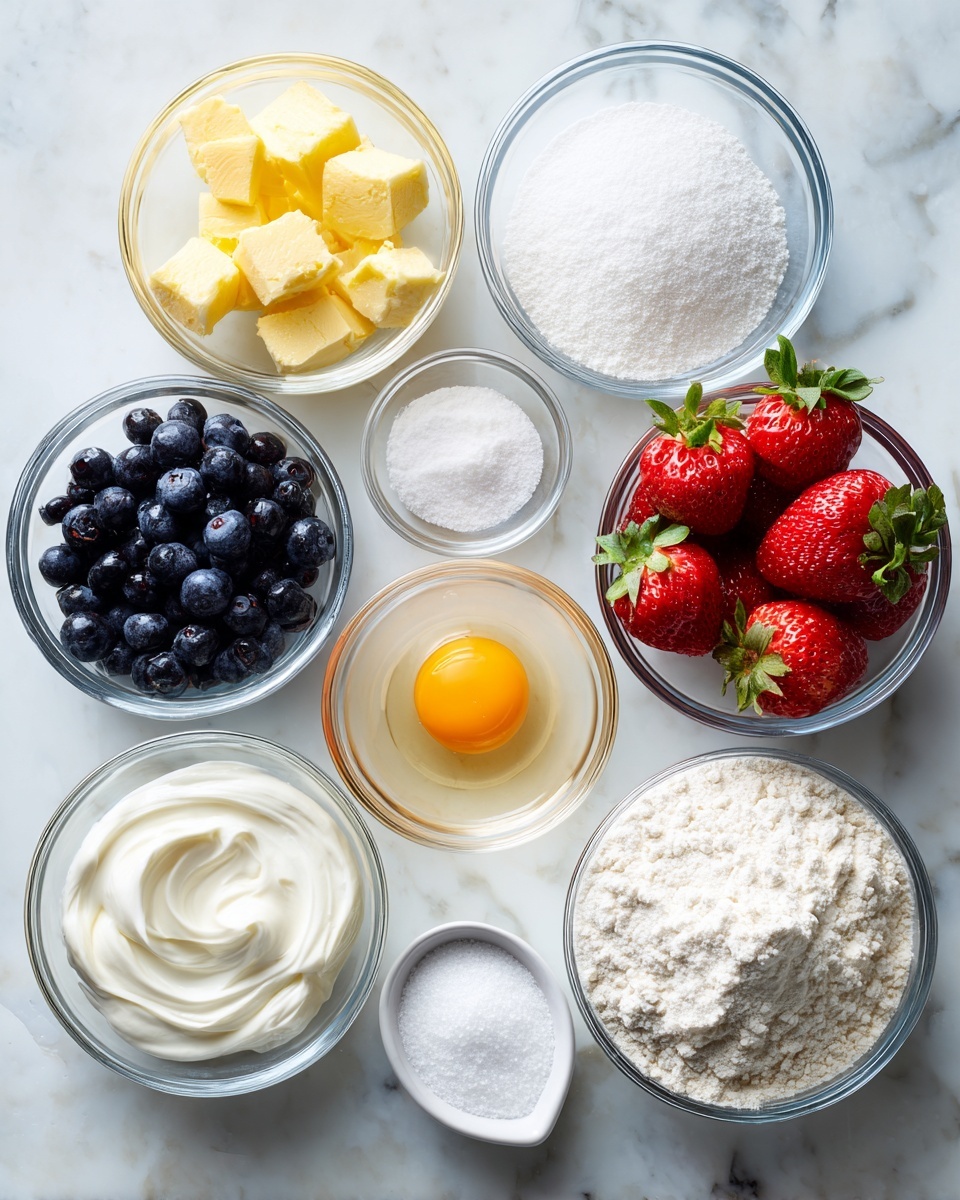 Clear glass bowls are placed on a white marbled surface, each holding different ingredients. In the top row, from left to right, there is a bowl with yellow butter chunks, a bowl filled with white sugar, and a bowl with bright red strawberries with green leaves. Below, an egg with a bright yellow yolk is centered in its bowl, next to a bowl filled with dark blue blueberries. To the left, a bowl contains white cream, and to the right, a larger bowl holds white flour with a slightly rough texture. In the front row, two small oval bowls contain white baking powder and white salt. The composition feels clean and organized with clear glass bowls that show the vivid colors and textures of each ingredient clearly. photo taken with an iphone --ar 4:5 --v 7