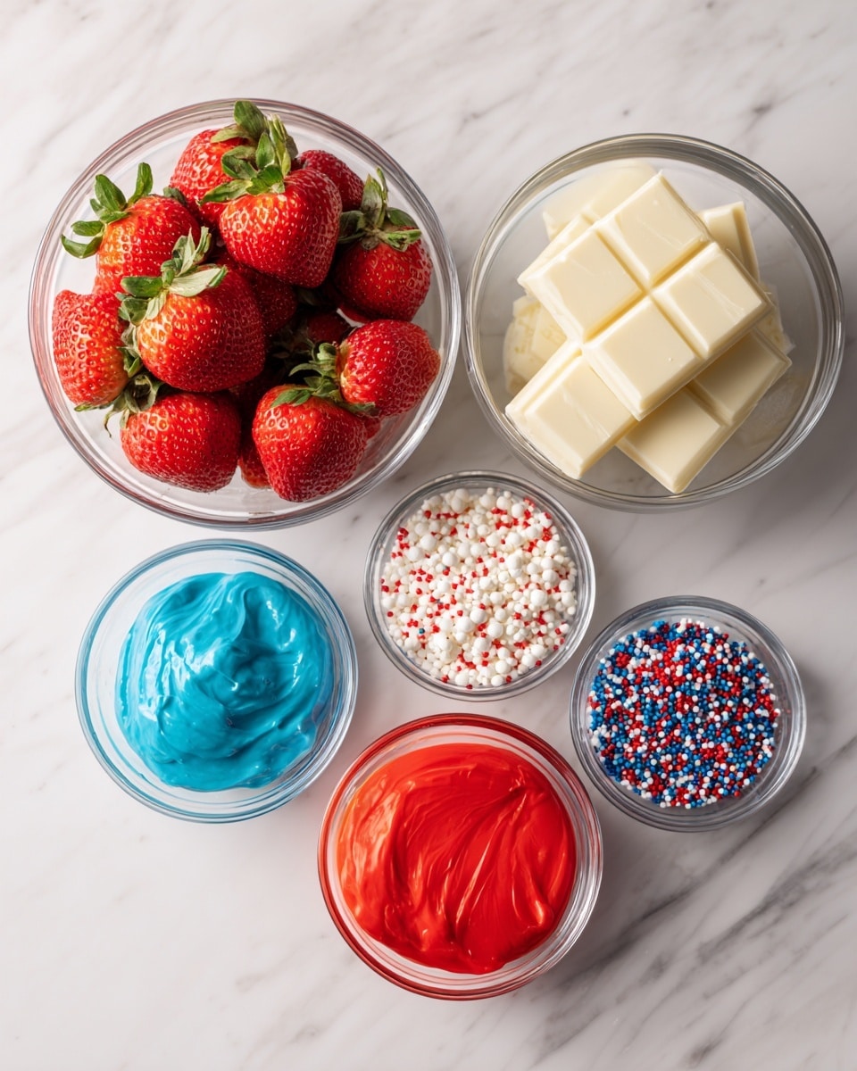 The image shows five clear glass bowls arranged on a white marbled surface. The largest bowl at the top left holds fresh, bright red strawberries with green leaves. To the right of it, another large bowl contains several square pieces of white chocolate with a textured surface. Below these, three smaller bowls are arranged in a horizontal line: the left bowl has smooth blue icing, the middle bowl holds thick red icing, and the right bowl is filled with small round sprinkles in red, white, and blue colors. photo taken with an iphone --ar 4:5 --v 7