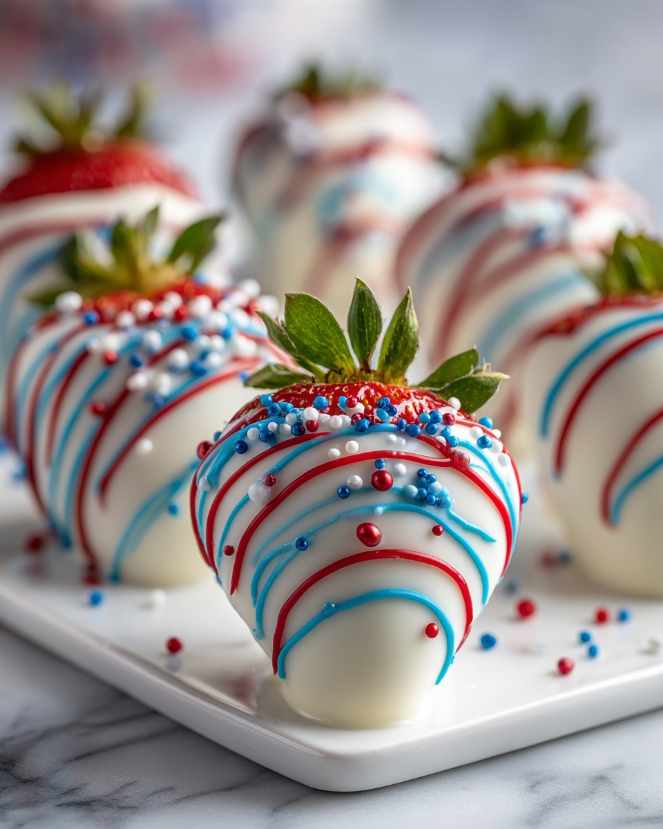 The image shows five strawberries covered in smooth white chocolate laid on a white plate. Each strawberry has bright red and blue thin lines drizzled over the white chocolate, with small round sprinkles in red, blue, and white scattered across the surface. The green strawberry leaves peek out from one side, creating a fresh contrast with the drizzle colors. The background has a soft white marbled texture with a blurred red fabric and a small American flag in the distance. The focus is mainly on the strawberry in the front, showing clear details of the drizzle and sprinkles while the others softly fade out behind it, photo taken with an iphone --ar 4:5 --v 7