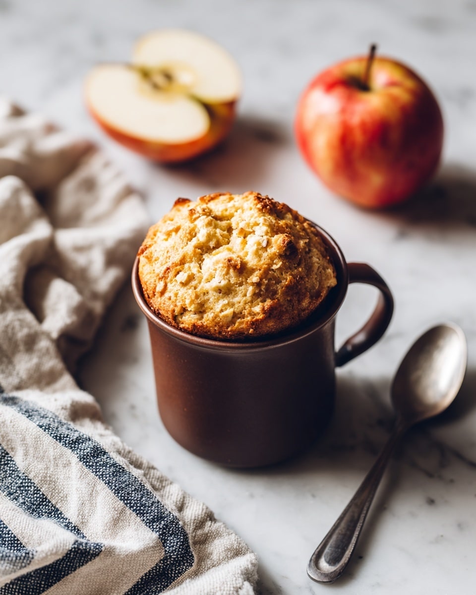 A brown mug holds a golden, crumbly muffin that rises above the rim, showing a rough textured top with light browns and yellows. Behind the mug, there is a red apple, both whole and sliced, showing pale greenish-yellow flesh inside. A black and white striped cloth is loosely placed next to the mug and apple. A shiny silver spoon lies on a white marbled surface in the foreground, creating a cozy and simple setting. photo taken with an iphone --ar 4:5 --v 7