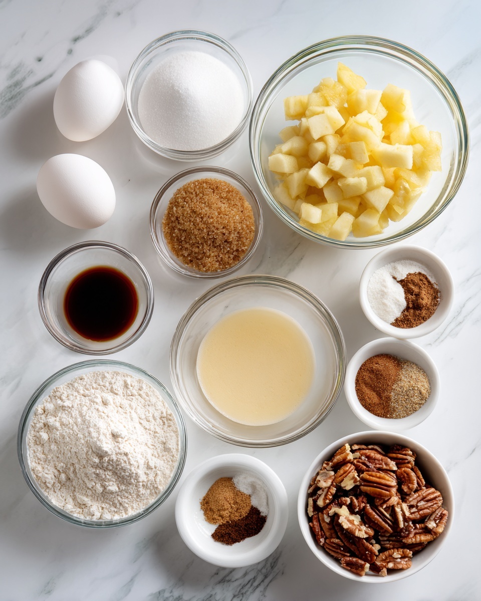 The image shows ten clear glass and white bowls arranged on a white marbled surface. At the top left, there are two whole white eggs and a bowl of white sugar. Next to them on the right is a large glass bowl filled with yellow chopped apple pieces. Below the eggs and sugar is a bowl of light brown sugar, with a small bowl of dark liquid vanilla extract beside it. In the center is a clear glass bowl containing a thick, pale yellow mixture. At the bottom left is a bowl filled with white flour, and to its right are two small white bowls holding brown and white spices. On the far right is a large bowl filled with a crumbly tan mixture, and below it is a white bowl with dark brown pecans. photo taken with an iphone --ar 4:5 --v 7