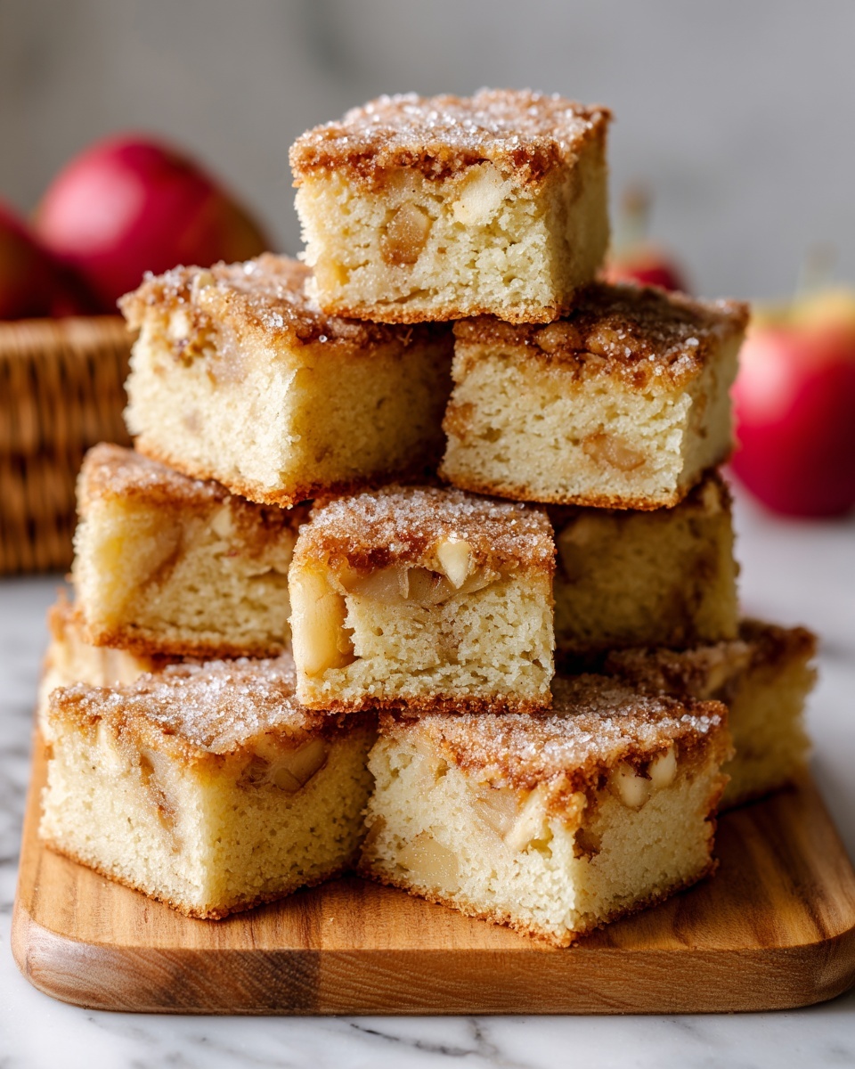 The image shows a stack of nine thick square pieces of apple cake arranged on a light wooden board, placed on a white marbled surface. Each piece has a crumbly light brown crust with a dusting of sugar on top, and the inside looks soft, dense, and speckled with small bits of apples and nuts. The texture appears moist and slightly coarse with natural cracks and lumps. Behind the cake pieces, there are two whole red apples slightly blurred, and the background features a neutral-colored fabric and a woven basket. The overall scene is warm and inviting, with a focus on the rustic, homemade quality of the cake. photo taken with an iphone --ar 4:5 --v 7