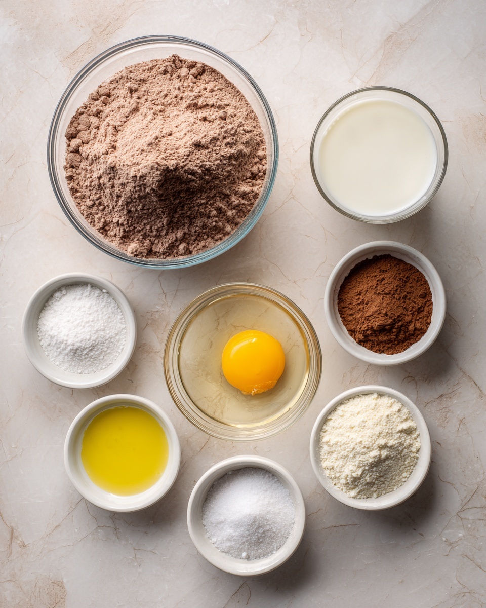 The image shows seven small containers of baking ingredients arranged neatly on a white marbled surface. At the top center is a clear glass bowl filled with a light brown powder, likely cocoa flour, slightly heaped. To its right is a clear glass filled with white milk. Below the cocoa powder bowl, a clear glass bowl holds a raw egg with a bright yellow yolk and clear egg white. Around these are five small white bowls each holding different ingredients: a small amount of yellow oil, white granulated sugar, light brown powder (likely salt), and two other fine white powders. The lighting is soft and natural, and all items are spread evenly in a slight triangular pattern. photo taken with an iphone --ar 4:5 --v 7