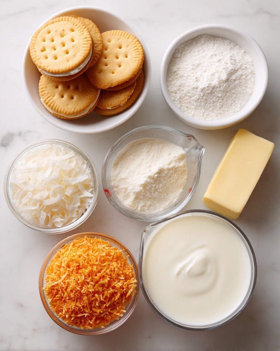 The image shows an arrangement of ingredients on a white marbled surface. There is a white bowl filled with golden sandwich cookies with cream in the middle, placed near the center top. Below and to the left, a white bowl holds a fine white powder, likely sugar or flour. To its right, a clear glass measuring cup contains white milk. In the lower middle left, a white bowl is full of shredded white coconut flakes. Next to it on the right is a clear glass bowl filled with orange toasted coconut flakes. At the bottom, another white bowl contains a creamy white mixture with a smooth texture. A stick of pale yellow butter sits next to the measuring cup. The image is clean and well-lit, showing the ingredients clearly. Photo taken with an iphone --ar 4:5 --v 7