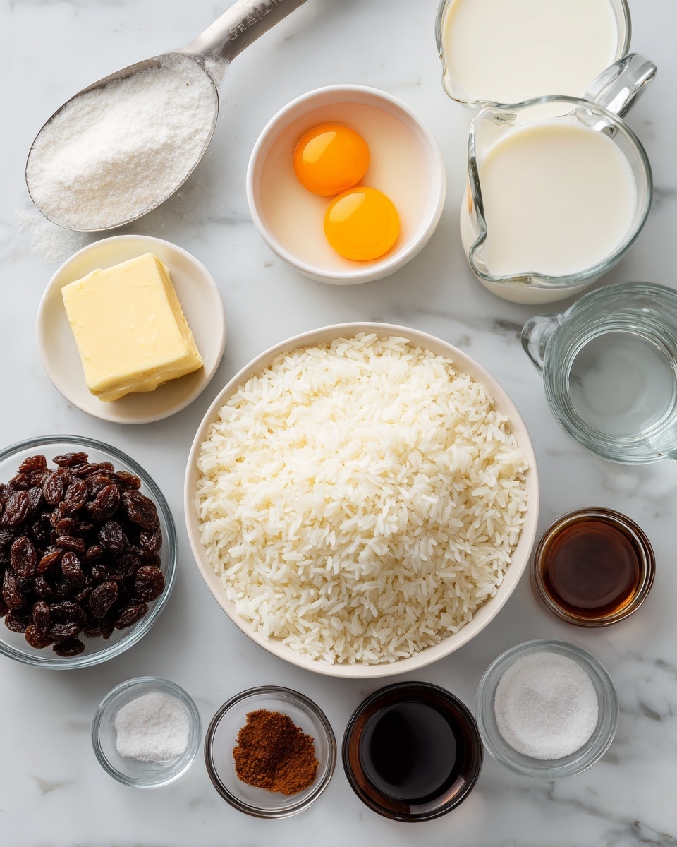 A white round bowl filled with white rice sits on a white marbled surface. Nearby, a white measuring cup holds dark brown raisins, arranged next to a small clear bowl with a cube of pale yellow butter, and another clear bowl with two bright orange egg yolks. A metal measuring spoon filled with white sugar is placed beside a glass measuring cup filled with white milk, and another glass measuring cup with clear water. Small clear bowls contain dark brown cinnamon powder, white salt granules, and dark brown vanilla extract, all spread out neatly on the white marbled background photo taken with an iphone --ar 4:5 --v 7