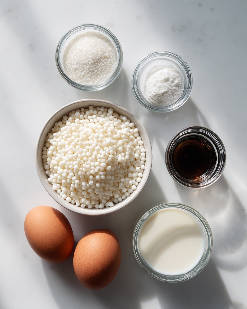 The image shows six ingredients arranged on a white marbled surface. In the center, there is a white bowl filled with small tapioca pearls, which look like tiny round white beads. Surrounding this bowl are different ingredients placed in small clear glass containers: sugar with fine white grains, cream that is smooth and white, milk with a slightly creamy liquid texture, vanilla with a dark brown liquid inside a small jar, and salt which is very light and barely visible. Two brown eggs are placed neatly on the white marbled surface beside the bowls. The ingredients are spaced evenly, with soft natural lighting casting gentle shadows. photo taken with an iphone --ar 4:5 --v 7