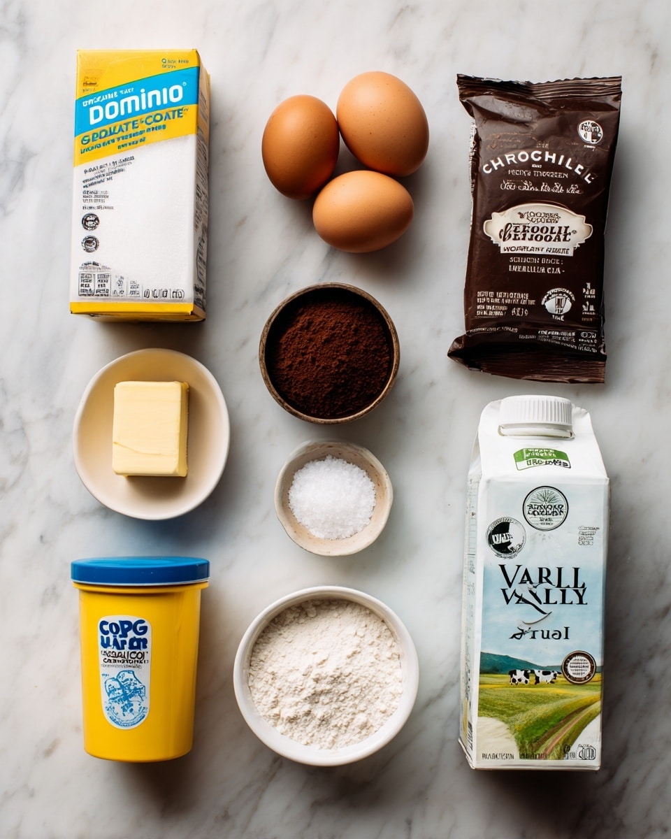 The image shows eight ingredients laid out neatly on a white marbled surface. At the top left is a white box of Domino granulated sugar with a yellow and blue label. To its right are two brown eggs stacked one on top of the other. Next to the eggs is a brown packet of Ghirardelli cocoa powder with a picture of cocoa powder on it. Below the sugar is a small stick of butter wrapped in yellow paper. Beside the butter, a small white bowl holds white salt crystals. At the bottom left is a yellow plastic container of Argo cornstarch with a blue lid and label. Next to the bowl of salt is a dark glass bottle of vanilla extract with a beige label. To the far right is a rectangular carton of Organic Valley whole milk with a green and white label showing a picture of a cow. Each ingredient is clearly labeled with gray text boxes above or beside them. photo taken with an iphone --ar 4:5 --v 7