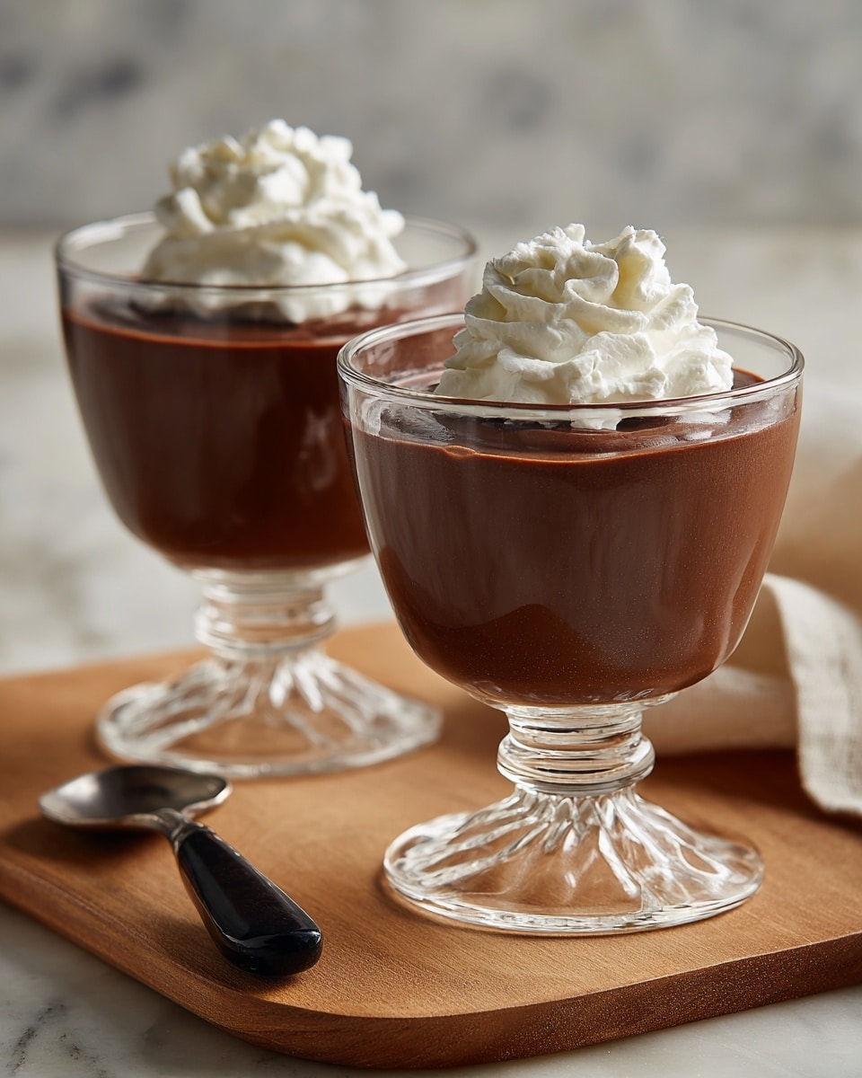 Two clear glass cups hold smooth, dark brown chocolate pudding, each topped with a dollop of white whipped cream. The cups have a wavy rim and stand on short, round clear glass bases. The cups sit on a light wooden surface with a spoon nearby that has a green handle and a shiny metal scoop. The background is a white marbled texture. photo taken with an iphone --ar 4:5 --v 7