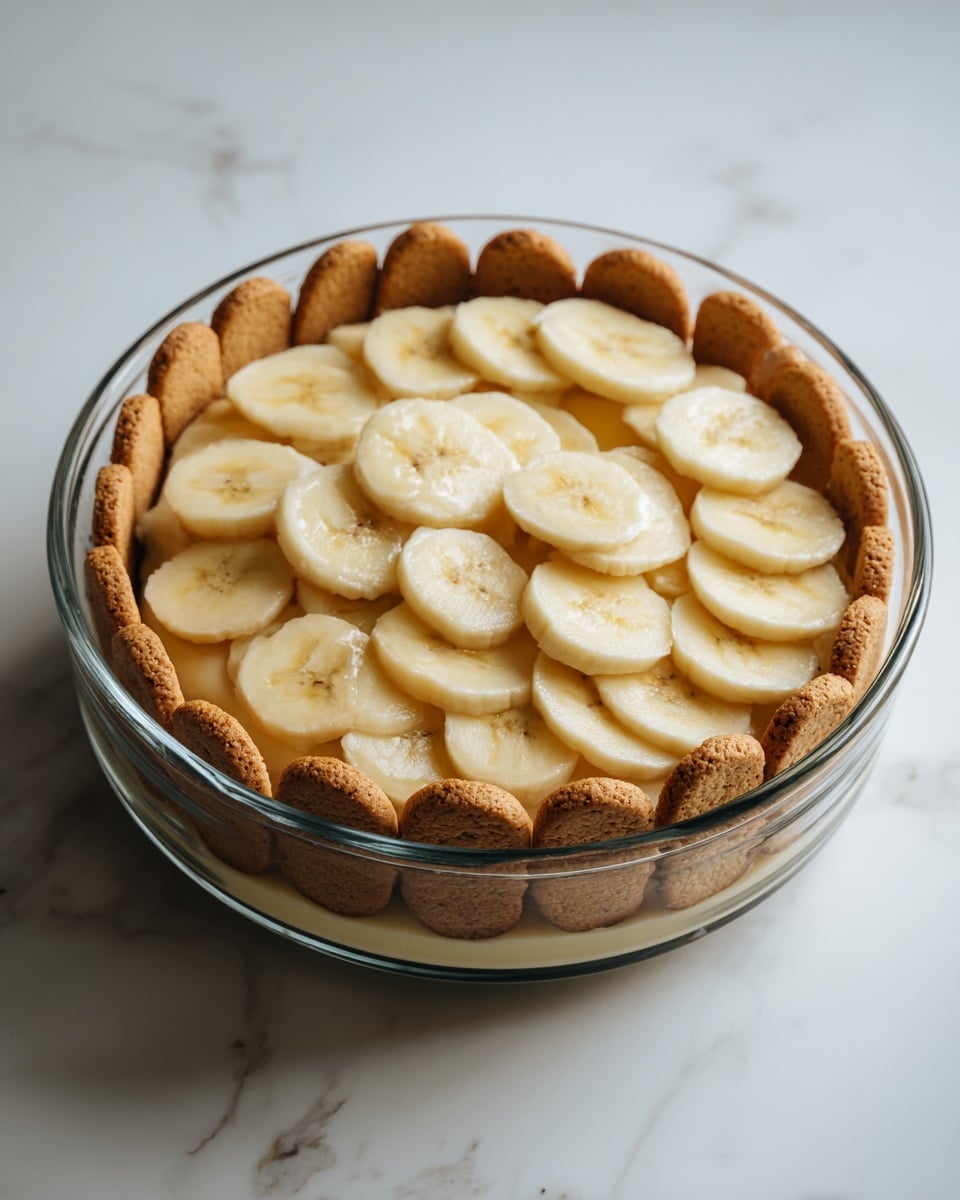 A clear round glass dish contains two visible layers of food. The bottom layer is a ring of small, round, light brown cookies placed vertically around the edge of the dish. The top layer is a thick spread of evenly sliced banana pieces, pale yellow in color, stacked closely in a circular pattern covering the center and overlapping the cookie ring slightly. The dish is on a white marbled surface. photo taken with an iphone --ar 4:5 --v 7