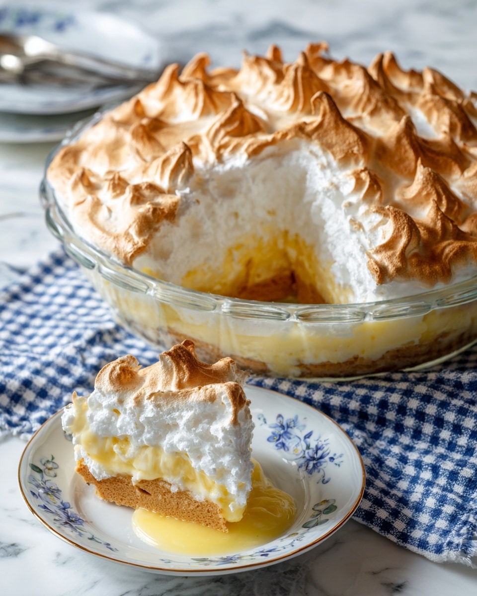 A round clear glass dish holds a layered dessert with a thick, fluffy top layer of golden-brown lightly toasted meringue that is swirled and peaked across the surface. Below the meringue, a creamy light yellow layer can be seen, with round soft golden cookies pressed into the sides of the dish. A couple of spoonfuls have been taken out near the front, revealing a soft textured middle layer mixed with bits of cookie and creamy filling. In front of the dish, a white plate with blue floral patterns holds a serving of the dessert showing the same creamy, soft yellow base topped with meringue and two cookies. Everything is set on a white marbled surface with a blue and white checkered cloth partially visible underneath. photo taken with an iphone --ar 4:5 --v 7