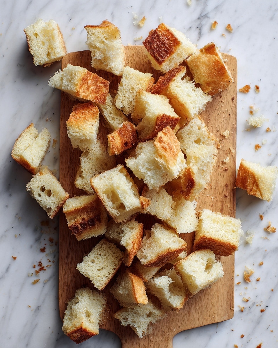 A wooden cutting board on a white marbled surface holds many small cubes of soft bread. The bread pieces show a light golden-brown crust on top with fluffy, pale yellow insides. The bread cubes are spread out across the board, with some crumbs scattered around. photo taken with an iphone --ar 4:5 --v 7