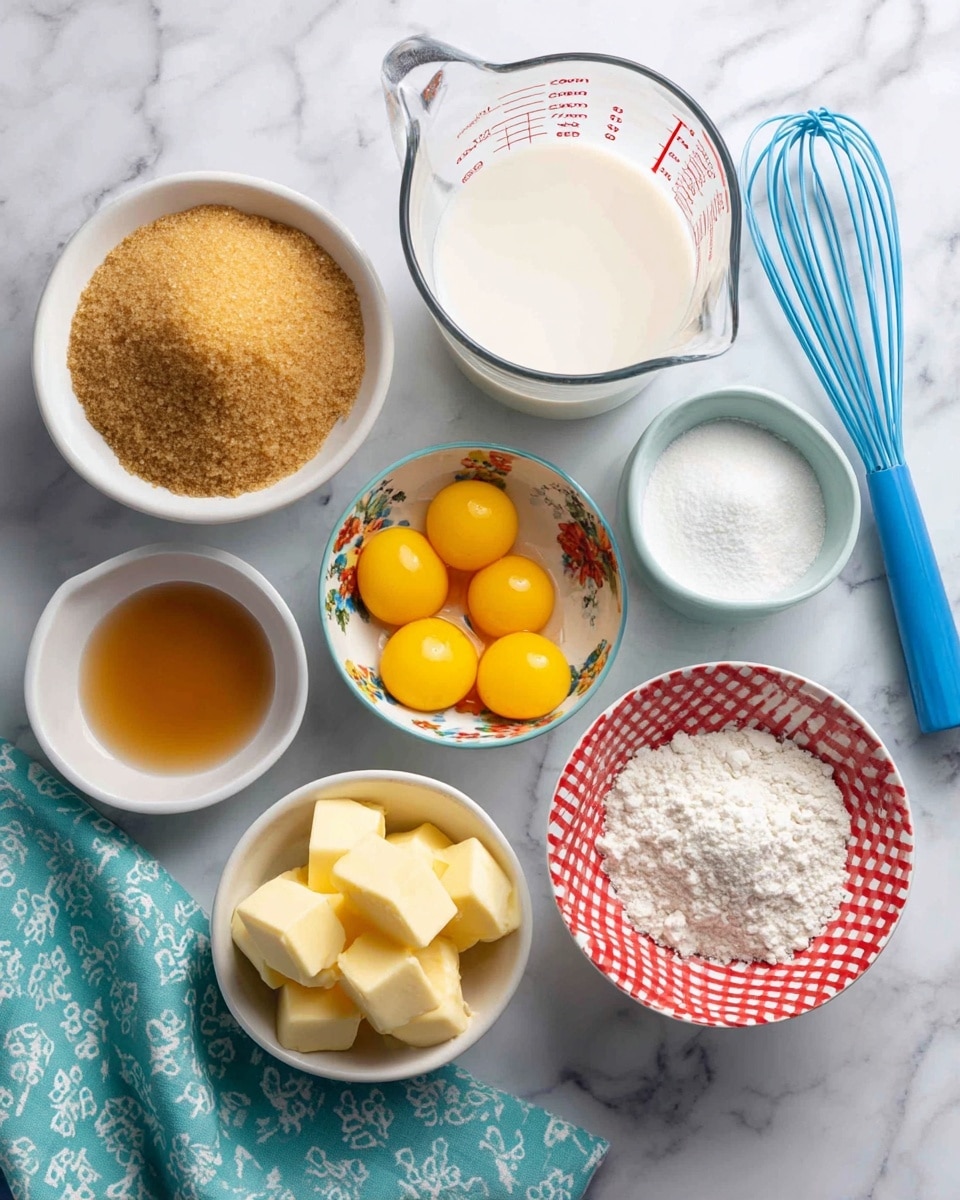 The image shows a set of seven small white bowls arranged closely on a white marbled surface. The first bowl, at the back left, is filled with light brown sugar, textured and heaped slightly above the rim. Next to it, a clear measuring cup is filled with a white liquid, most likely milk, marked with red measurement numbers. In front of the measuring cup, a small empty white bowl sits beside a yellow floral bowl filled with several bright yellow egg yolks. To the right, a white bowl with a red checkered pattern holds a pile of white powder, likely flour. Beside it is a white bowl with small light yellow cubes of butter. There is also a small clear bowl with a dark amber liquid, likely vanilla. In the top right of the image, a blue whisk lies on a turquoise cloth with white patterns. Photo taken with an iphone --ar 4:5 --v 7