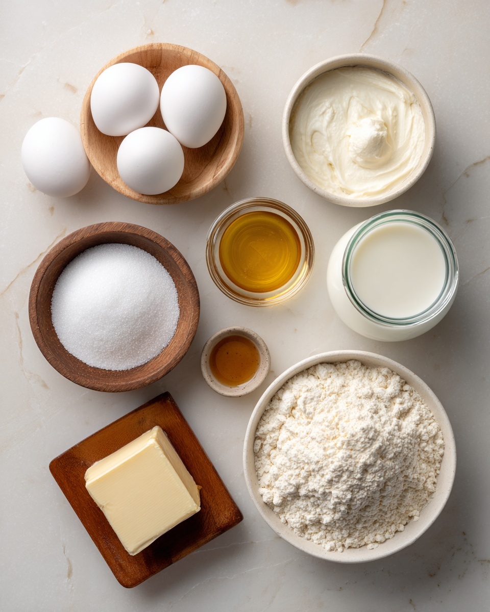 A top-down view of baking ingredients arranged neatly on a white marbled surface. Two white eggs lay in the center next to a small wooden bowl filled with white granulated sugar and a slightly larger white bowl also filled with sugar. A small square wooden dish holds a solid piece of pale butter. Near it is a small round white bowl containing golden vanilla extract. A small glass jar filled with milk sits on the right, alongside a round white bowl with a heap of powder, likely flour. Another small glass container with a white liquid, possibly cream or milk, completes the arrangement. All items are spaced evenly, creating a clean and organized look. Photo taken with an iphone --ar 4:5 --v 7
