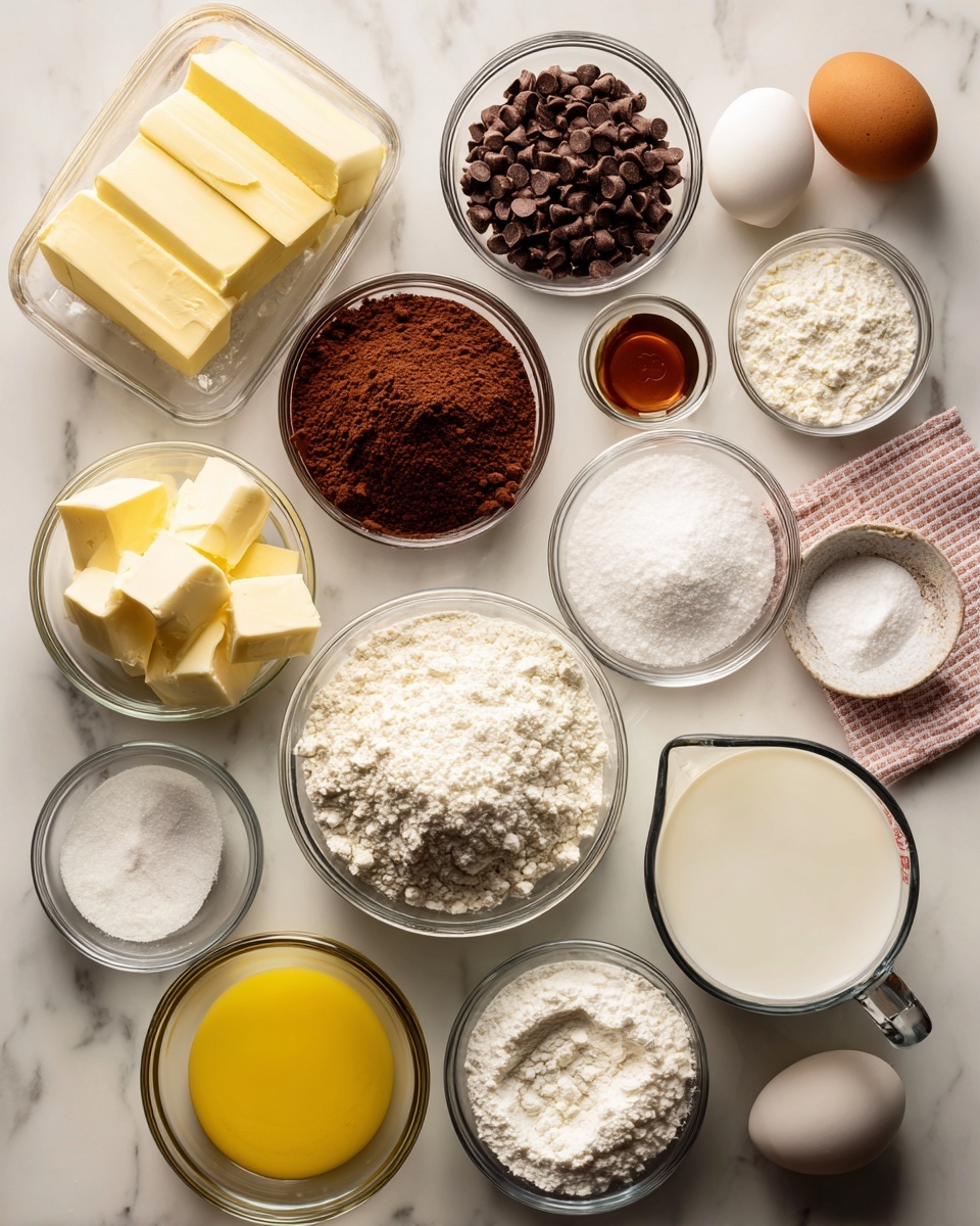 A top-down view of clear glass bowls arranged neatly on a white marbled surface, each filled with different baking ingredients: one bowl holds light yellow solid butter, another with dark brown chocolate chips, a third with rich brown cocoa powder, and a fourth with white granulated sugar. Near the center, a larger bowl contains heaps of off-white flour with a slightly rough texture. Small clear glass bowls contain white powdered sugar, white baking powder, white baking soda, and a thick yellow liquid melted butter in a white bowl. A clear glass measuring cup contains white milk, and another small glass holds heavy cream. A small bowl with amber-colored vanilla extract and a tiny bowl with clear corn syrup sit nearby. Two whole white eggs lay on top of a pink and white checkered cloth, and a small clear dish contains white salt. Labels in black text with white backgrounds are placed above each ingredient, giving clear identification. The image has soft natural light, and the white marbled surface enhances the cleanliness and organization of the ingredients. Photo taken with an iphone --ar 4:5 --v 7