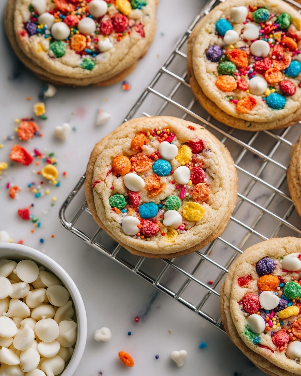 Round cookies with a light golden base layer mixed with bright, colorful cereal pieces in red, yellow, green, blue, purple, and orange scattered on top and inside, dotted with small white chocolate chips that add a smooth texture contrast. The cookies are laid on a silver cooling rack placed on a white marbled surface, with some cookies partially overlapping each other. In the bottom left corner, there is a white bowl filled with more white chocolate chips, and in the bottom right, a white bowl is filled with more colorful cereal pieces. The colors pop against the soft light background creating a fresh and fun look. photo taken with an iphone --ar 4:5 --v 7