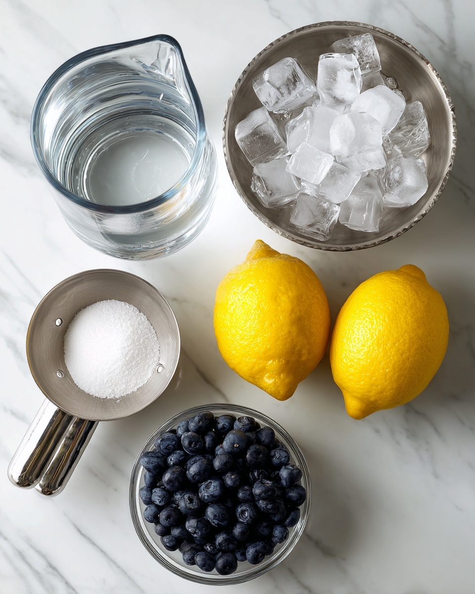 The image shows ingredients on a white marbled surface. There is a clear glass jug with chilled water on the top left, a silver bowl full of ice cubes on the top right, and below it two bright yellow lemons placed close together. To the left of the lemons is a silver bowl filled with white sugar. Below the sugar is a shiny metal measuring cup filled with water on the bottom left, and on the bottom right, there is a clear plastic container filled with dark blue blueberries. All items are neatly arranged and the background is bright and clean, photo taken with an iphone --ar 4:5 --v 7