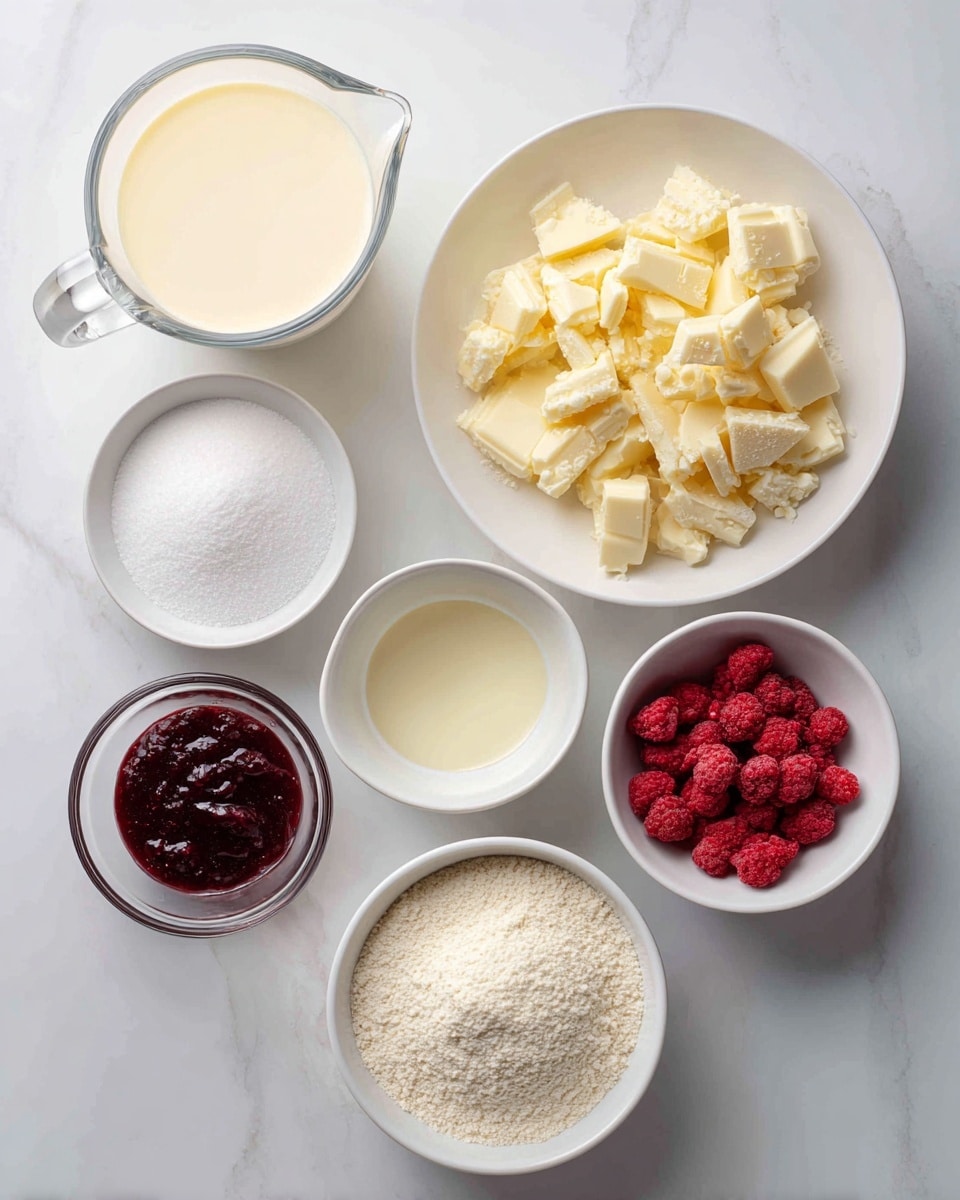 The image shows seven bowls and a measuring cup arranged on a white marbled surface, each containing a different ingredient. At the top left, a clear measuring cup holds light cream with a smooth texture. To the right, a white round plate is filled with uneven chunks of white chocolate, pale yellow in color. Below the cream, a small clear bowl contains fine white granulated sugar. Next to it on the right is another small white bowl holding dark red raspberry jam with a slightly shiny surface. Below the sugar, a white bowl is filled with soft, powdery white powdered sugar. To the right, a small clear bowl contains bright red freeze-dried raspberries in a powder form. Below the raspberry jam, a small clear bowl shows translucent raw egg whites with a glossy surface. At the bottom of the frame, a white bowl is filled with fine, pale almond flour. photo taken with an iphone --ar 4:5 --v 7