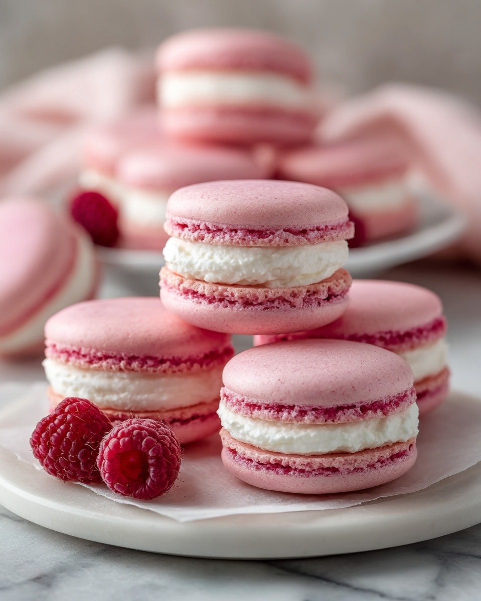 The image shows several pink macarons with a smooth, slightly shiny surface and a delicate round shape. Each macaron has two pink shells with a light cream filling sandwiched between them. The macarons are arranged on a white round plate, placed on a white marbled surface. In the front, two macarons lie on the surface with a few fresh red raspberries nearby. The background includes a soft pink cloth that is slightly out of focus, adding a cozy touch. photo taken with an iphone --ar 4:5 --v 7