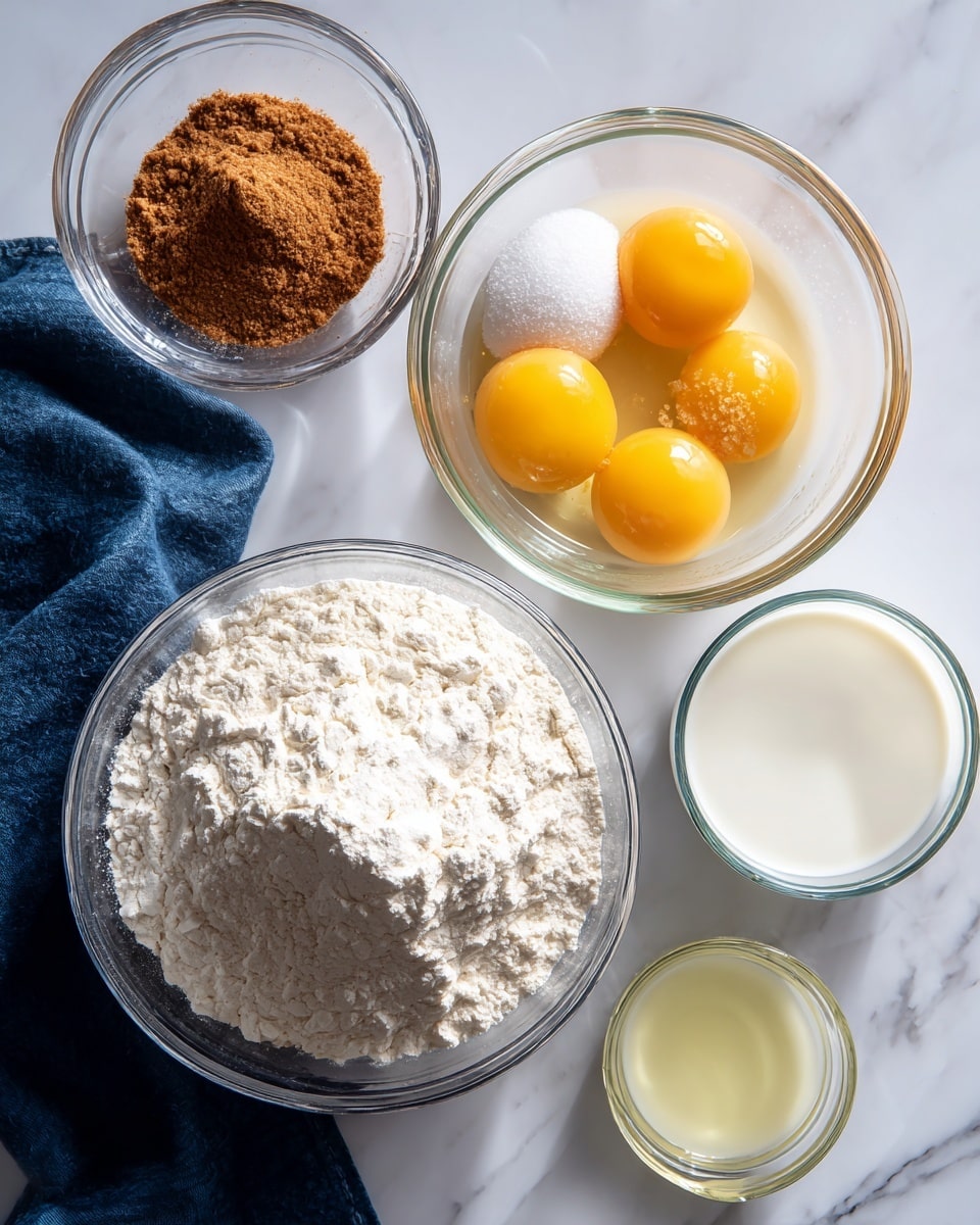 The image shows four clear glass bowls on a white marbled surface. The largest bowl in the top center holds three whole eggs with bright yellow yolks, white sugar piled in the middle, and a small amount of brown sugar on top, set against the translucent egg whites. To the left below it is a large bowl filled with white flour, with a small mound in the center. On the right side, two smaller measuring cups sit side by side; one contains a pale yellow liquid oil, and the other has a white liquid, possibly milk. A dark blue cloth is partially visible beneath the upper left corner of the bowls. photo taken with an iphone --ar 4:5 --v 7