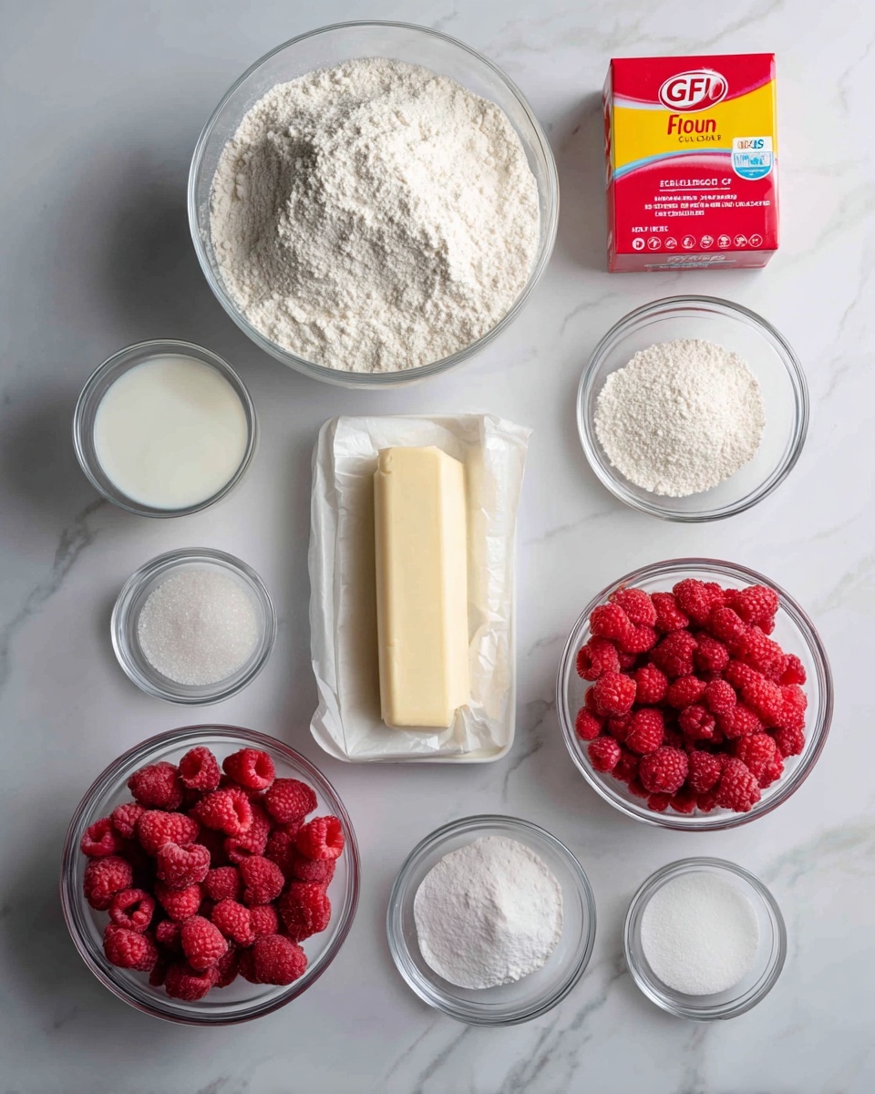 The image shows various baking ingredients arranged neatly on a white marbled surface. At the top center, there is a large clear bowl filled with white gluten-free flour labeled