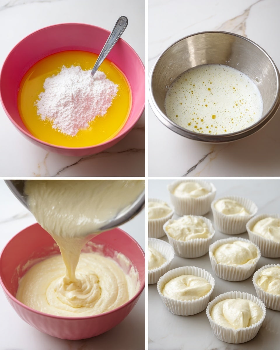 Four-step collage showing the process of making a creamy white batter. The first image displays a pink bowl with a bright yellow liquid at the base and a heap of white powder on top, with a silver spoon partially visible in the mixture. The second image shows a shiny metal bowl filled with a frothy white mixture with some bubbles on the surface. The third image captures a close-up of a creamy white mixture being poured from a metal bowl, visibly thick and smooth, forming soft peaks. The last image shows a muffin tray with white baking cups filled halfway with the same white batter, each cup showing a slightly shiny and smooth texture. The entire collage is placed on a white marbled surface. Photo taken with an iphone --ar 4:5 --v 7