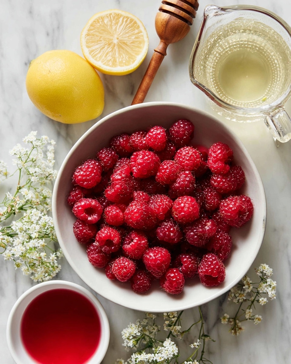 The image shows a white bowl filled with many red raspberries placed on a white marbled surface. Above the bowl, there is a half lemon with a bright yellow color on the left side. Near the lemon, there is a wooden citrus juicer with a natural wood texture. To the right of the juicer, a clear glass with transparent liquid is visible, with a handle that has a brown sleeve, giving it a warm color contrast. Below the glass, a small white bowl holds red raspberry liquid, smooth and glossy in texture. Small white flowers with green stems are scattered around the edges, adding delicate details. photo taken with an iphone --ar 4:5 --v 7
