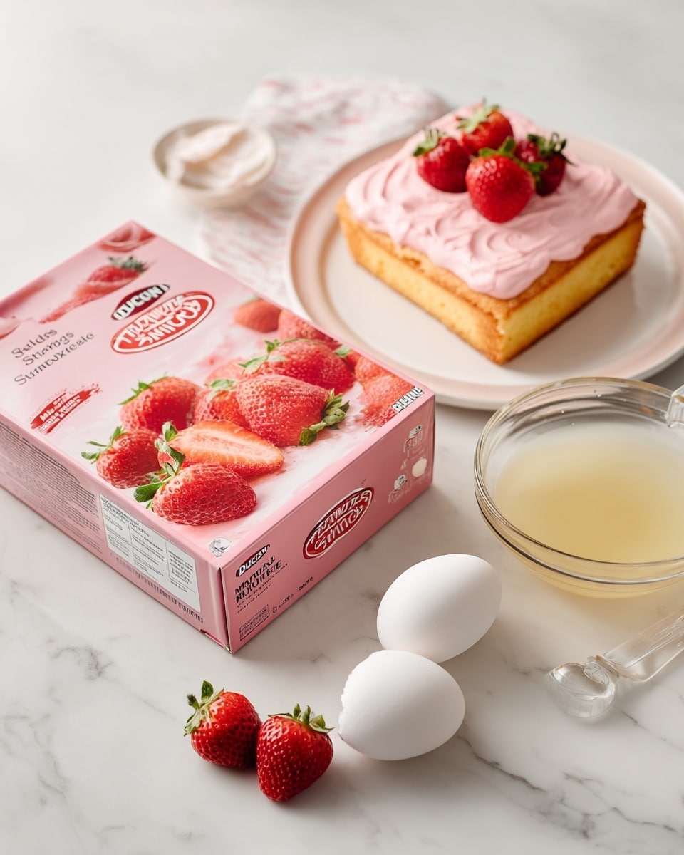 A pink box of Duncan Hines Perfectly Moist Strawberry Supreme cake mix is placed on a white marbled texture surface, showing a red strawberry cake with light pink frosting decorated with fresh strawberries on top. Next to the box is a clear measuring cup with a spout filled with a light yellow liquid, and below it is a clear bowl holding two white eggs. The scene is bright and clean with simple kitchen prep items arranged neatly photo taken with an iphone --ar 4:5 --v 7