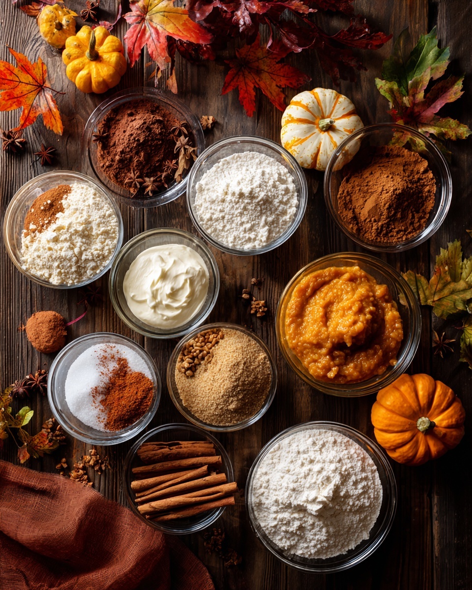 The image shows many clear glass bowls with different cooking ingredients arranged on a dark wooden surface. There are more than ten small bowls filled with white flour, white creamy cheese, orange pumpkin puree, light brown sugar, white sugar, and spices like cinnamon sticks and ground cinnamon. Among these bowls, there are small decorative orange and yellow pumpkins, along with autumn leaves in red, yellow, and green colors. The overall scene gives a warm autumn feeling with a variety of textures from smooth pumpkin puree to fluffy sugar grains. photo taken with an iphone --ar 4:5 --v 7