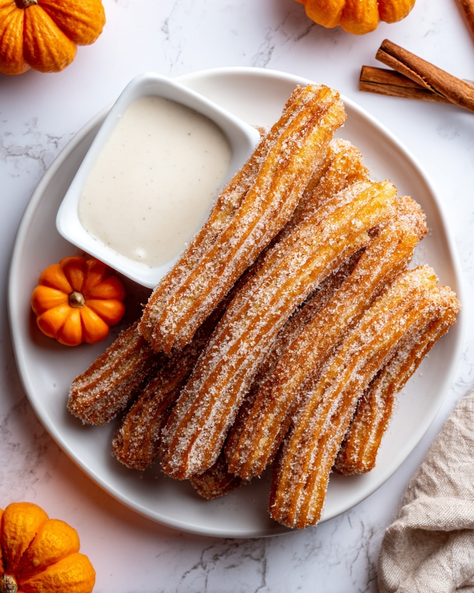 A white plate filled with several golden brown churros coated with sugar and cinnamon, each churro showing a ridged texture with crispy edges. The churros are stacked closely, some overlapping, showing their cylindrical shape and sugary coating clearly. There is a small white square bowl partially visible on the plate with a creamy white dipping sauce. Around the plate, there are a few small decorative orange pumpkin candies and cinnamon sticks on a white marbled surface. photo taken with an iphone --ar 4:5 --v 7