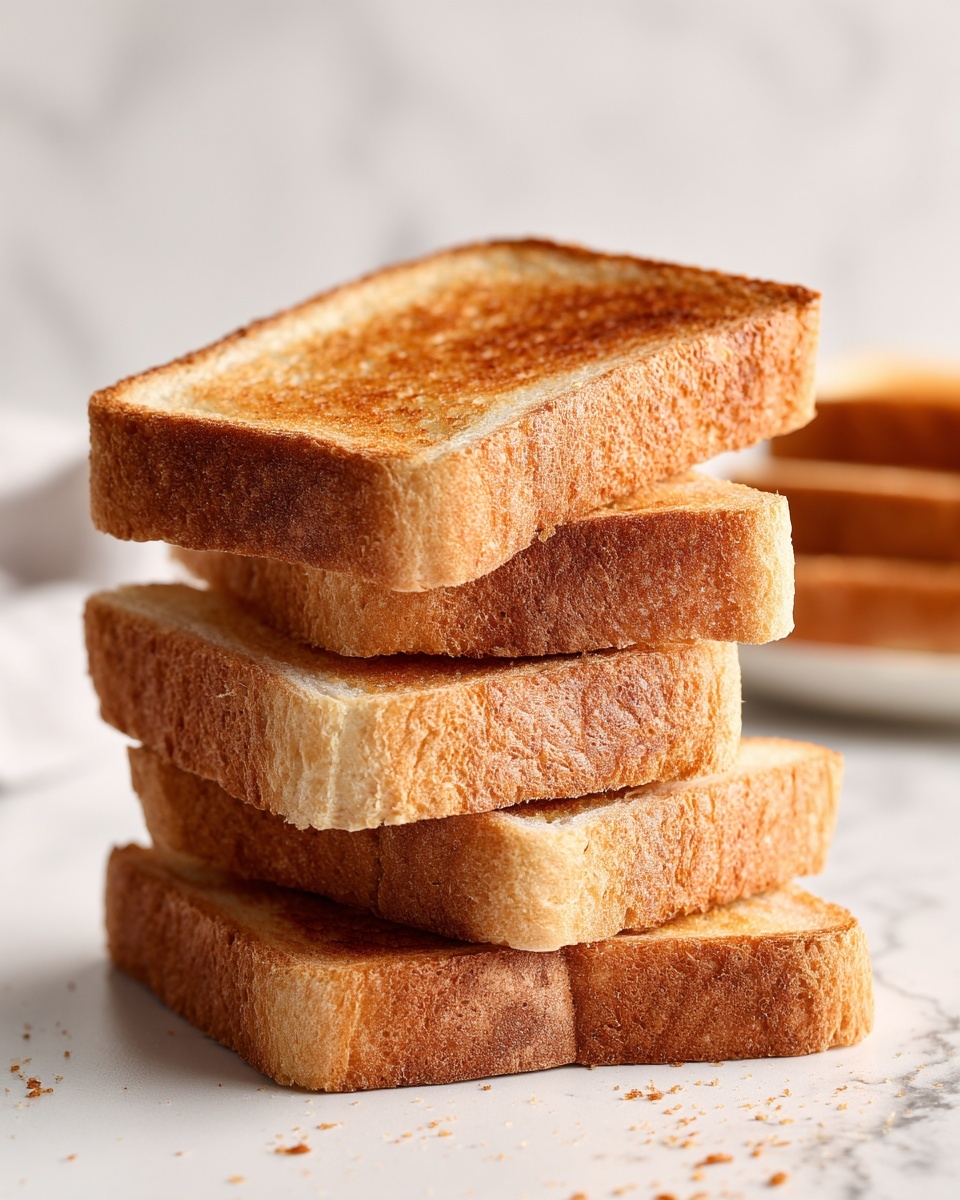 A stack of four slices of light brown bread with a soft, slightly crumbly texture is placed on a white marbled surface. The bread slices have a rough crust and a dense, grainy inside. A few small crumbs are scattered at the base of the stack. In the blurred background, more bread slices are visible. photo taken with an iphone --ar 4:5 --v 7