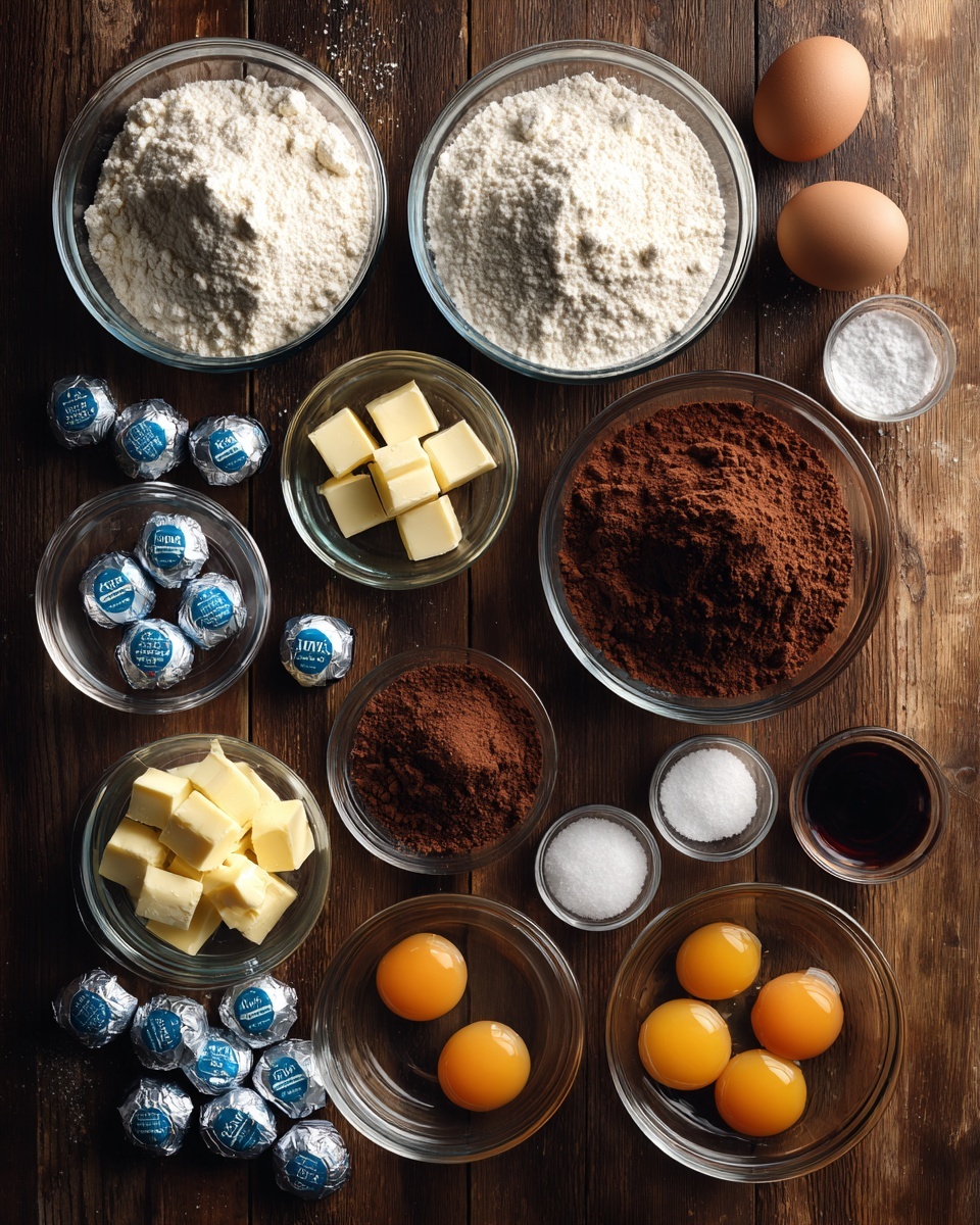 An overhead view shows small clear glass bowls and cups arranged on a dark brown wooden surface, each filled with different baking ingredients. There are two large bowls filled with fine white flour, two small bowls with white powders like baking soda and salt, a medium bowl with rich brown cocoa powder, a medium bowl of cubed yellow butter, and two small bowls containing cracked raw eggs with bright orange yolks. A tiny bowl holds dark amber vanilla extract. Around the bowls, silver-wrapped chocolates with blue and white labels are scattered, adding a shiny metallic contrast. photo taken with an iphone --ar 4:5 --v 7
