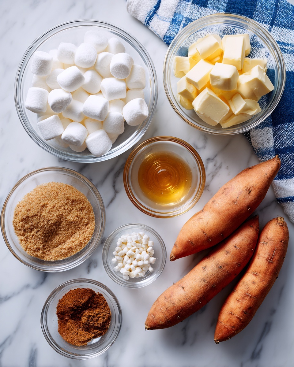 The image shows six clear glass bowls and three peeled sweet potatoes on a white marbled surface. The largest bowl is filled with small white marshmallows, slightly rounded and soft-looking. Next to it, there is a bowl with light yellow butter cubes, slightly shiny. A bowl filled with brown sugar, with a grainy texture, sits near the center. A smaller bowl contains golden honey, smooth and shiny. Two tiny bowls hold brown spices, one with a light brown powder and the other with a reddish-brown powder. The three sweet potatoes are orange-colored, smooth, and placed near a blue and white checkered cloth in the upper right corner. The whole setup is clean and organized, with natural lighting highlighting the colors and textures photo taken with an iphone --ar 4:5 --v 7