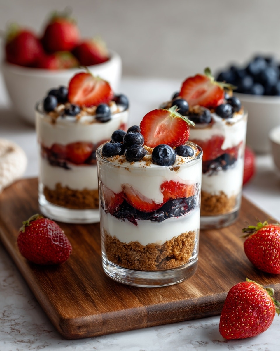 The image shows three clear glasses filled with layered dessert placed on a light wooden board on a white marbled surface. Each glass has four layers starting from the bottom: a crumbly light brown base, followed by a layer of thinly sliced strawberries pressed against the glass, a thick white creamy layer, a middle layer of fresh whole blueberries, another white creamy layer, and topped with halved strawberries placed in a flower-like pattern around the rim with a dollop of cream and a couple of blueberries on top. In the foreground to the right is a white bowl with whole strawberries, and in the background to the left is a white bowl filled with blueberries. photo taken with an iphone --ar 4:5 --v 7