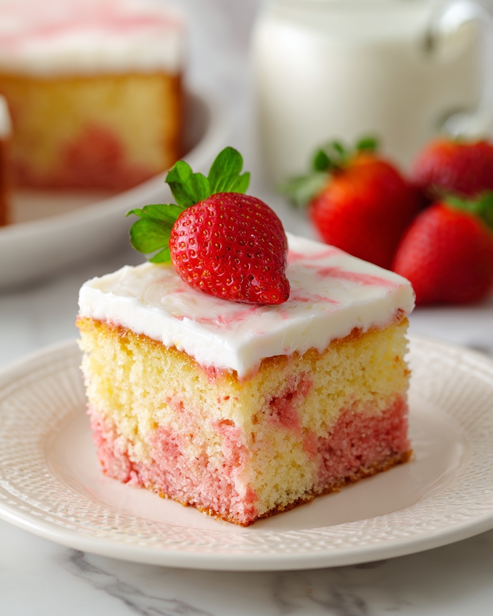 A square piece of pink and yellow marbled cake sits in the center of a white plate with a subtle floral pattern, topped with a thick layer of smooth white whipped cream. On top of the cream rests a bright red half strawberry with green leaves, placed slightly off-center. The pink cake portion surrounds the yellow inner swirls, creating a soft texture contrast visible from the side. In the background, there are whole strawberries with green leaves, softly blurred on a white marbled surface. Photo taken with an iphone --ar 4:5 --v 7